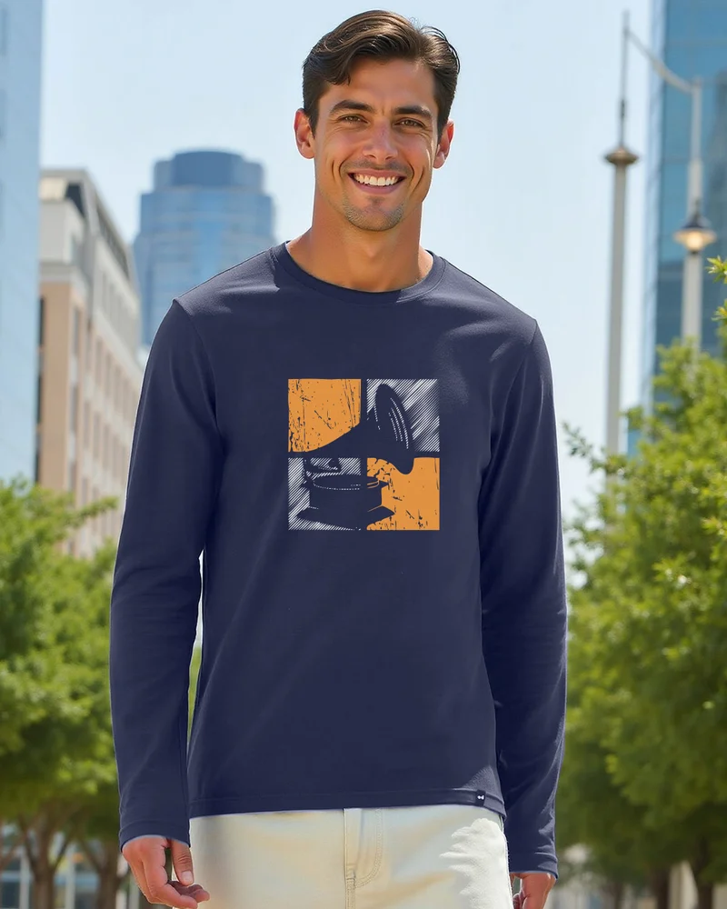 بيواكوف Men's Navy Blue Play It Again Graphic Printed T-shirt